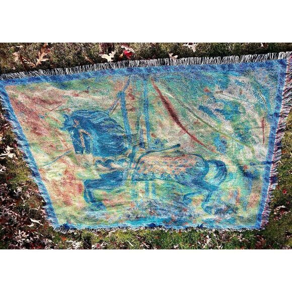 Carousel Horse Merry Go Round -Cotton Woven Blanket Throw Made in the USA 72x54 - Picture 4 of 9